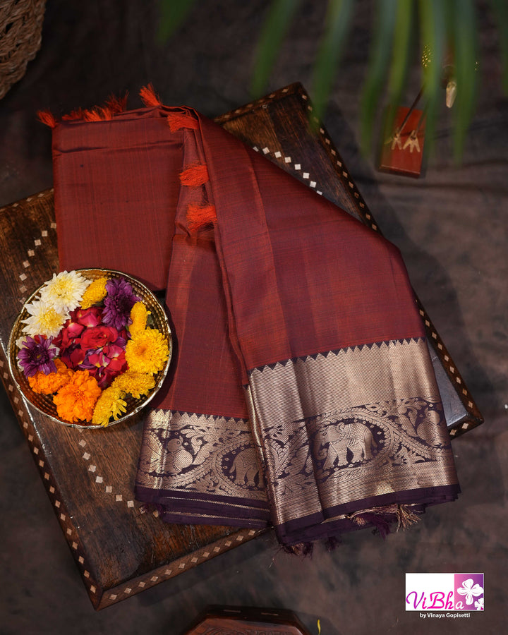 Rust Brown Kanchi Silk Saree with Blouse &amp; Elephant Motif Border