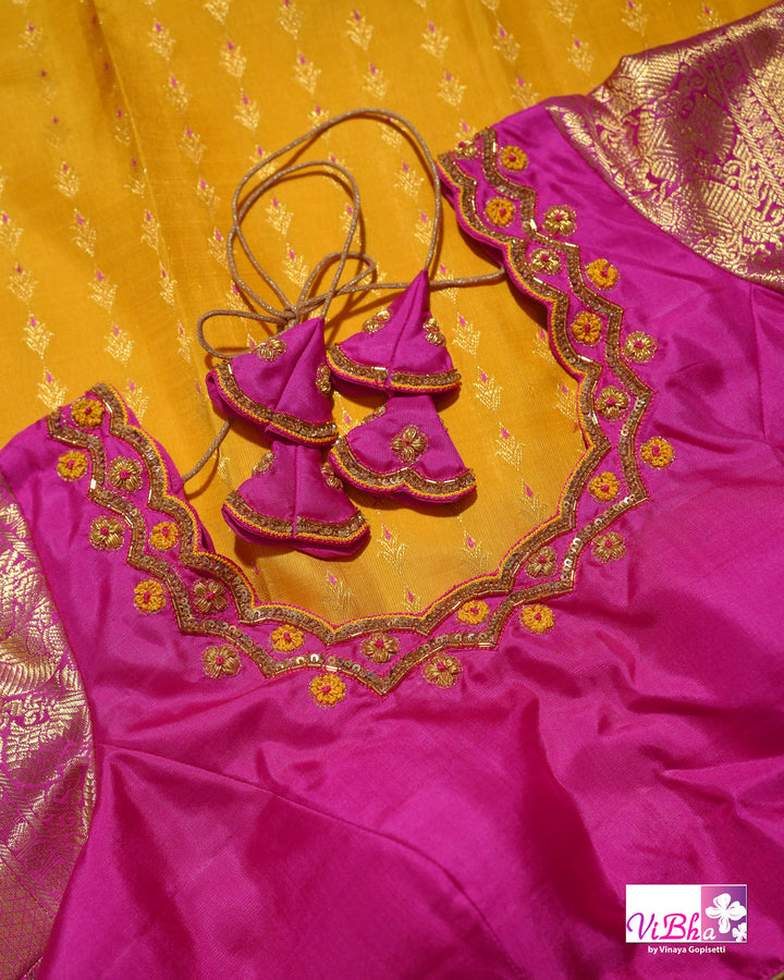 Marigold Yellow Kanchi Silk Saree with Broad Gold Border and Magenta Pallu