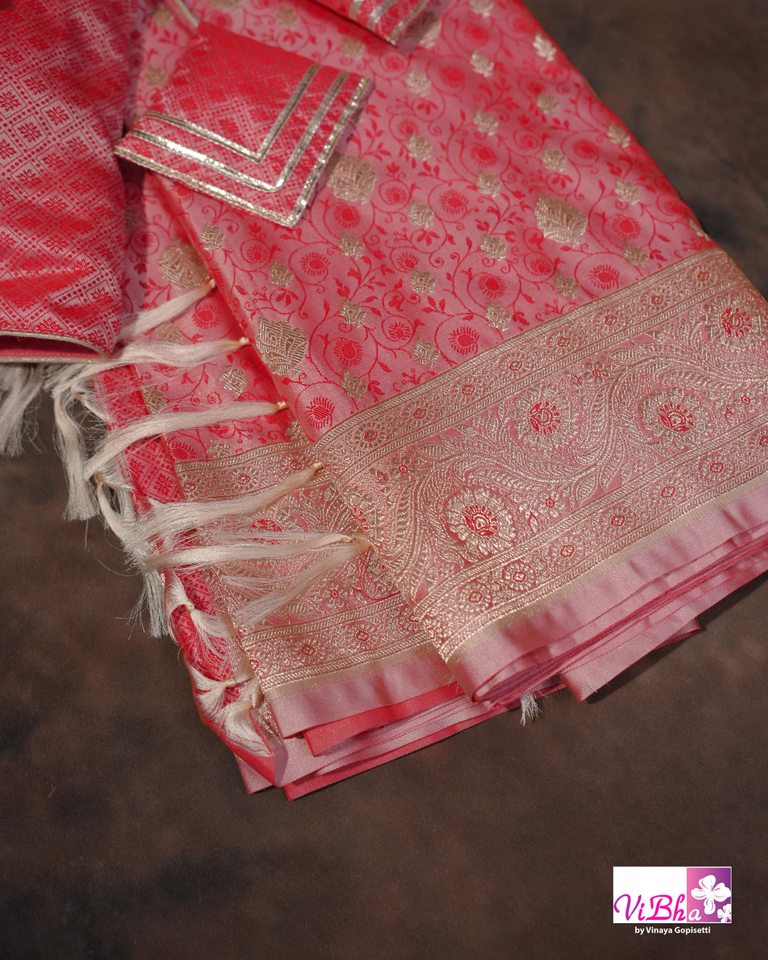 Pink and silver dual tone Jangla  saree