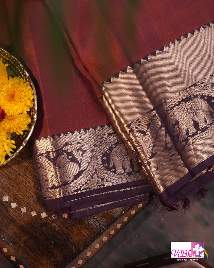 Rust Brown Kanchi Silk Saree with Blouse &amp; Elephant Motif Border