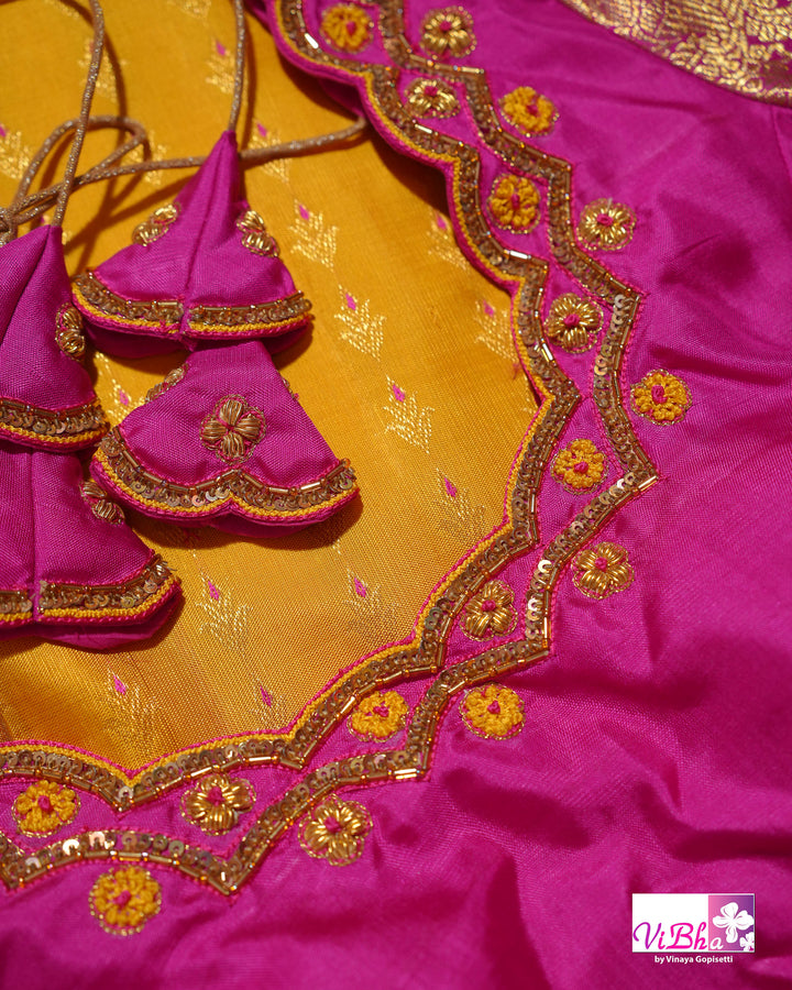 Marigold Yellow Kanchi Silk Saree with Broad Gold Border and Magenta Pallu
