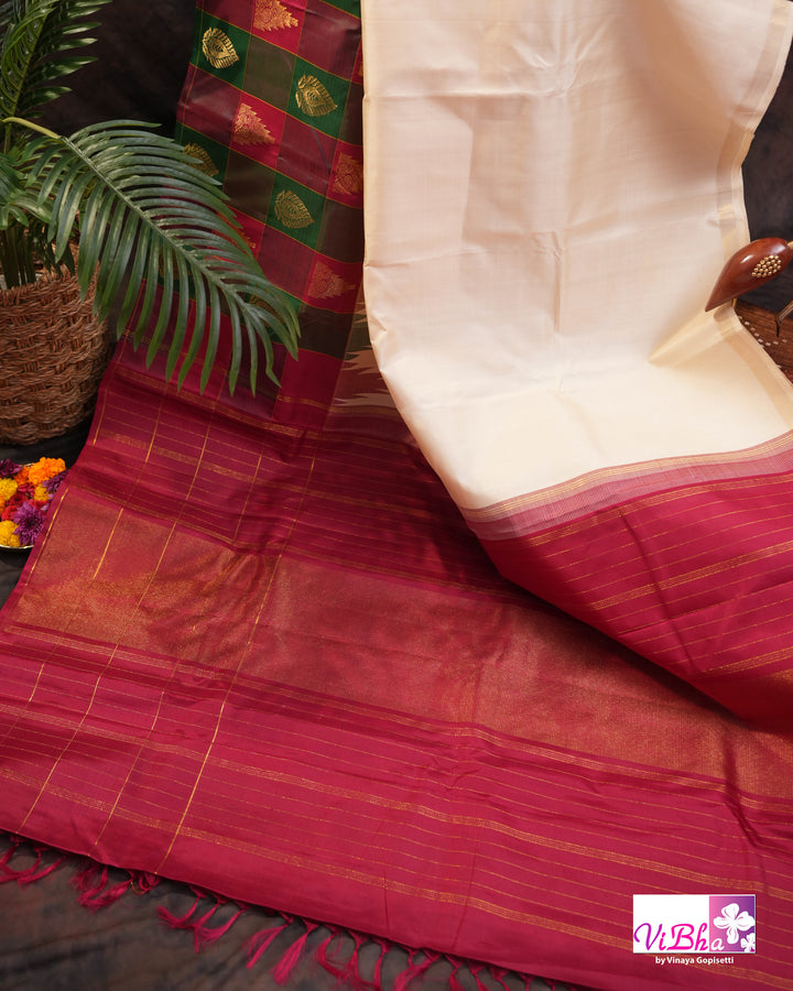 Cream Kanchi Silk Saree with Blouse &amp; Kattam Border