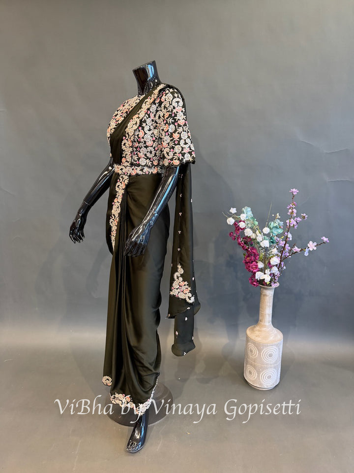 Dark Mehendi green Pre draped saree and blouse