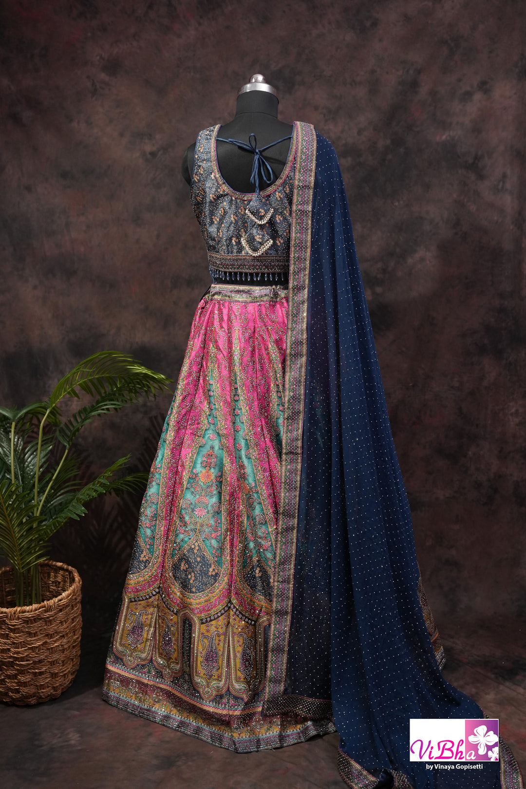 Navy Blue, Rani Pink &amp; Teal Multicolor Mehendi Lehenga Set