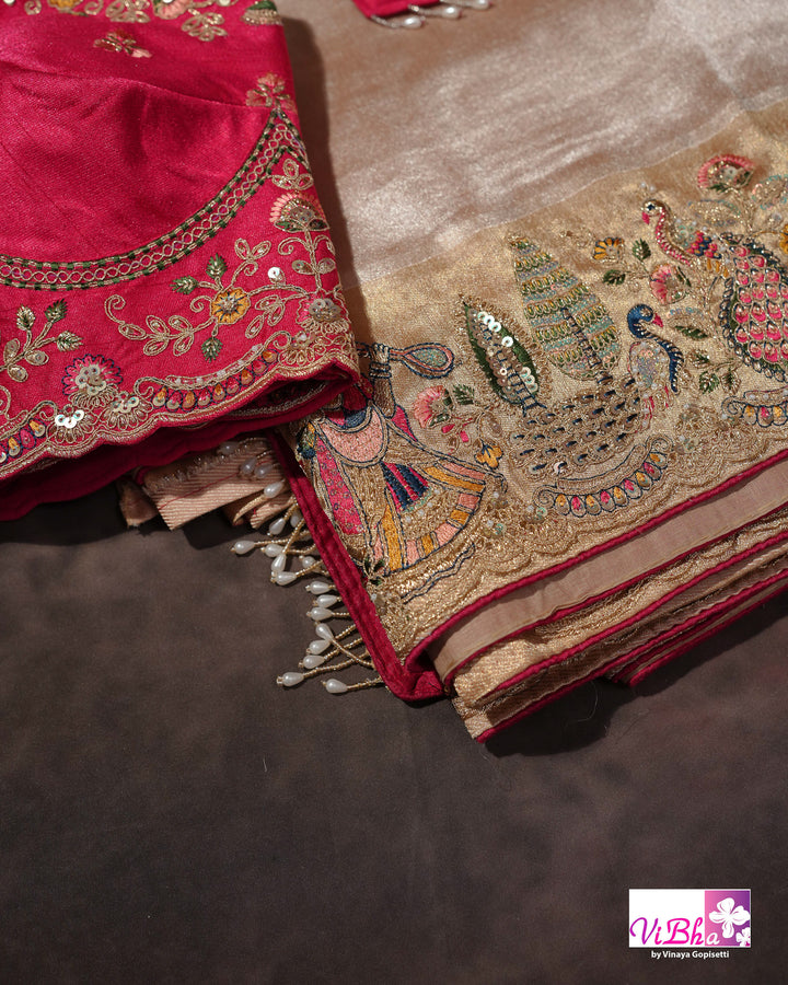 Champagne Designer Saree with Multicolour Peacock and Figurative Border