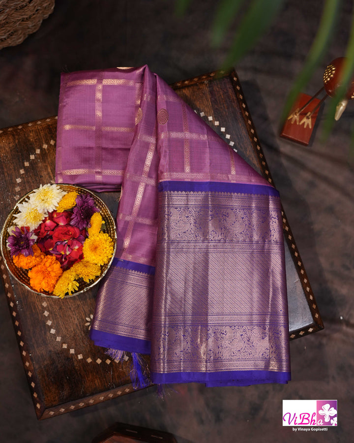 Lavender Pink Kanchi Silk Saree with Royal Purple Border and Blouse