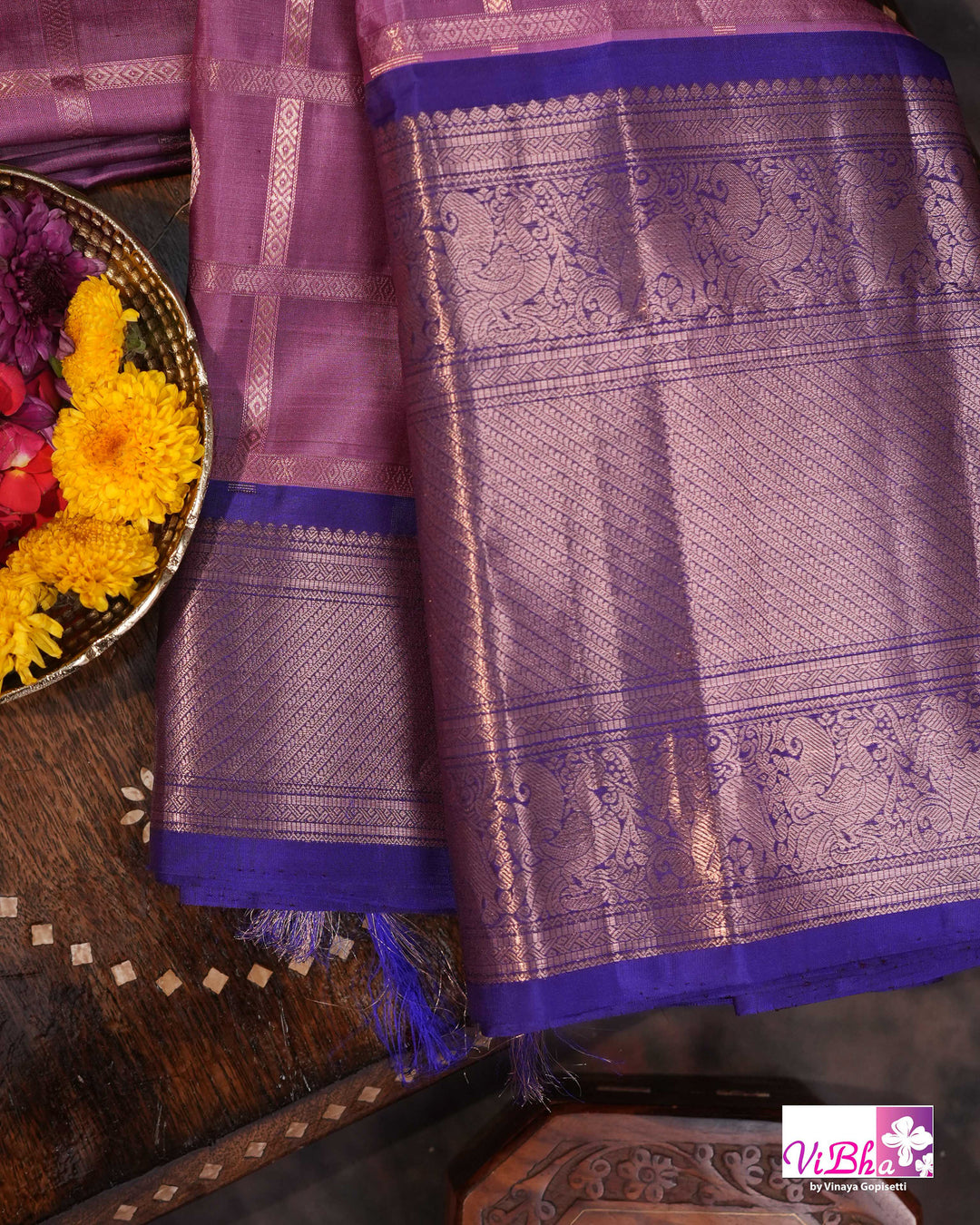 Lavender Pink Kanchi Silk Saree with Royal Purple Border and Blouse