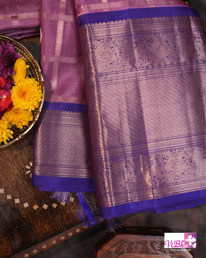 Lavender Pink Kanchi Silk Saree with Royal Purple Border and Blouse