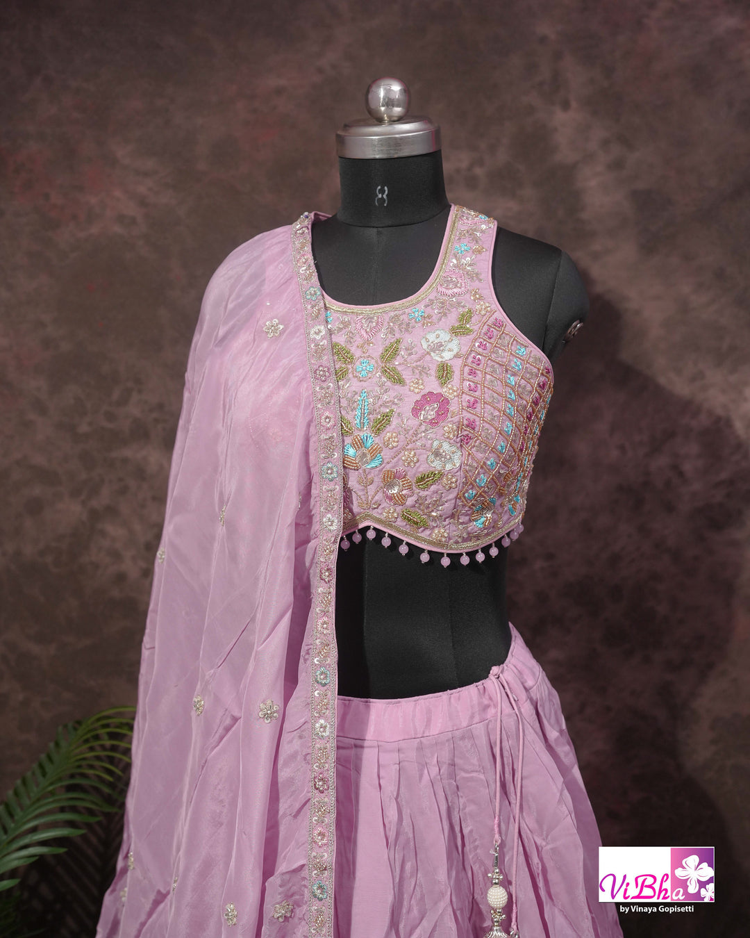Lavender Pink Floral Embroidered Lehenga Set