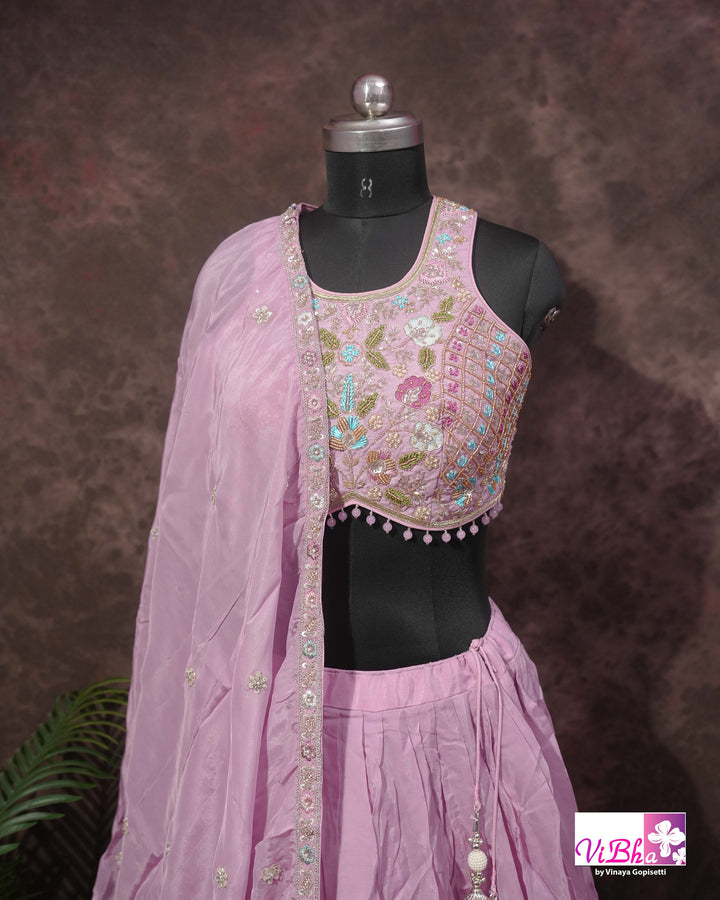 Lavender Pink Floral Embroidered Lehenga Set