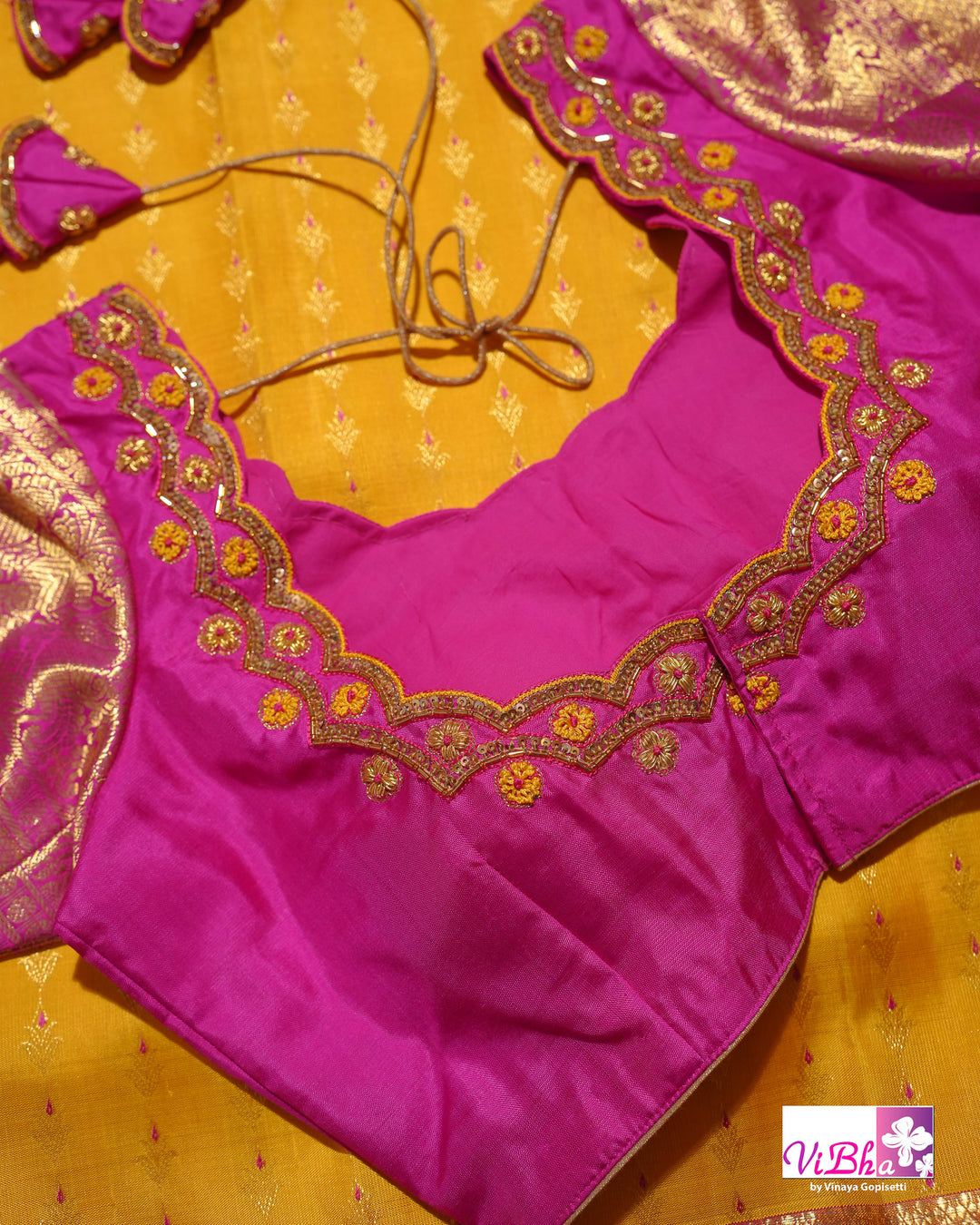 Marigold Yellow Kanchi Silk Saree with Broad Gold Border and Magenta Pallu