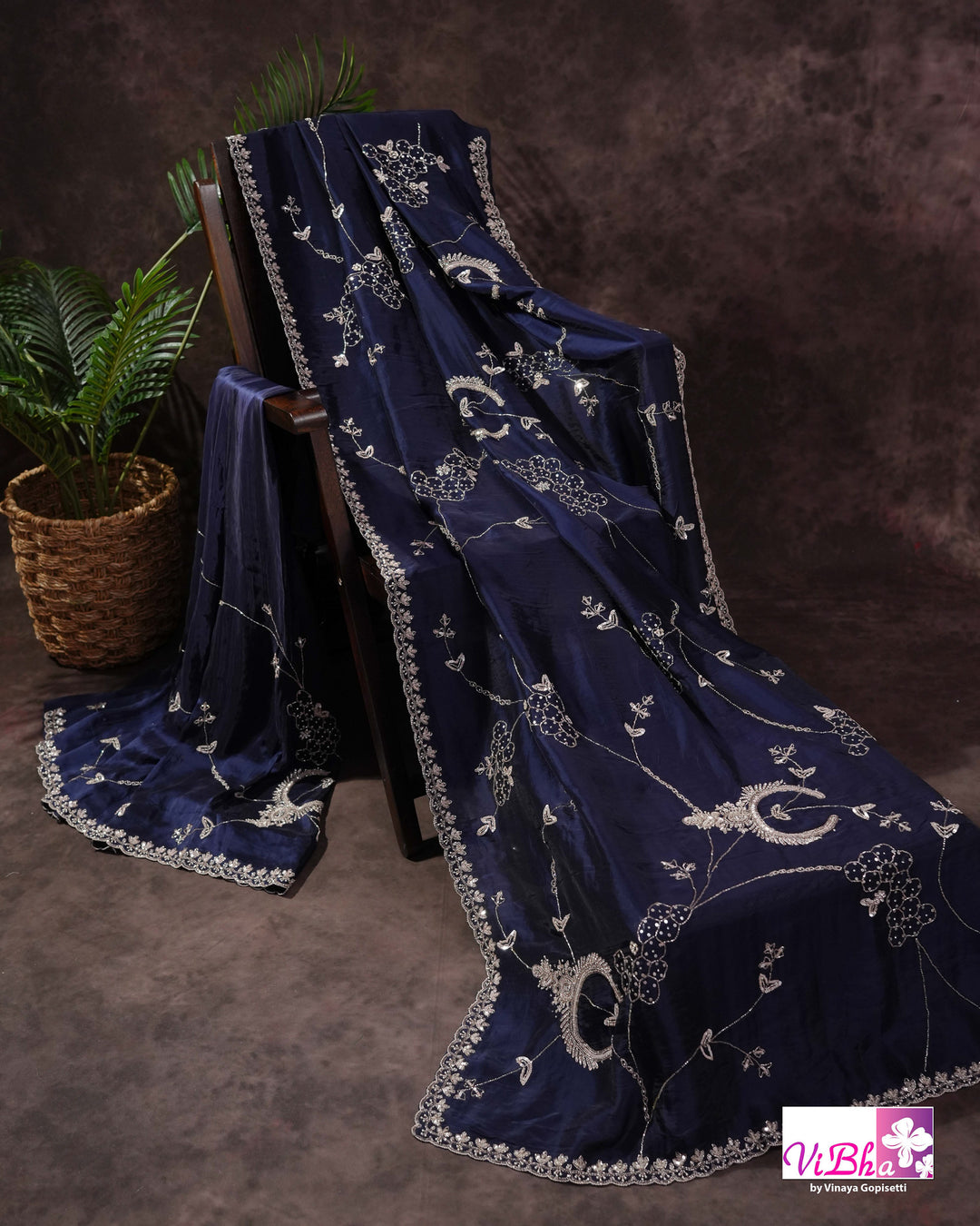 Navy Blue Designer Saree with Silver-Toned Vine and Paisley Embellishments