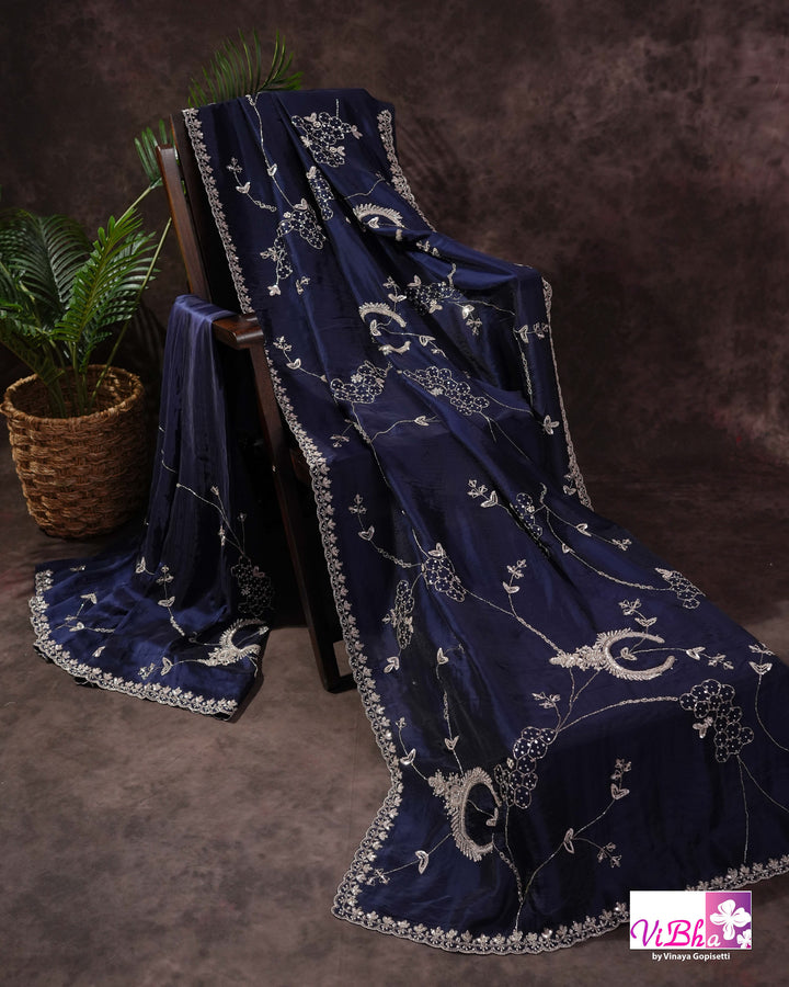 Navy Blue Designer Saree with Silver-Toned Vine and Paisley Embellishments
