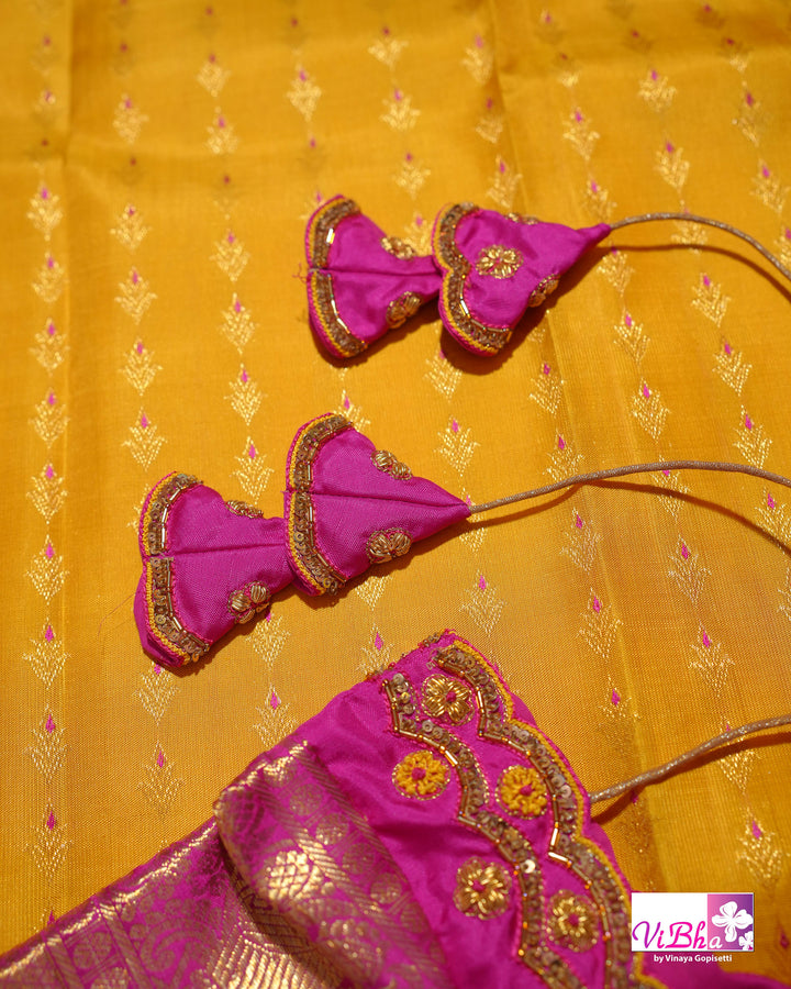 Marigold Yellow Kanchi Silk Saree with Broad Gold Border and Magenta Pallu