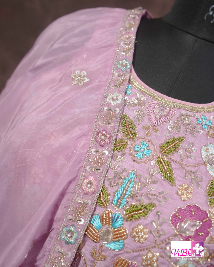 Lavender Pink Floral Embroidered Lehenga Set