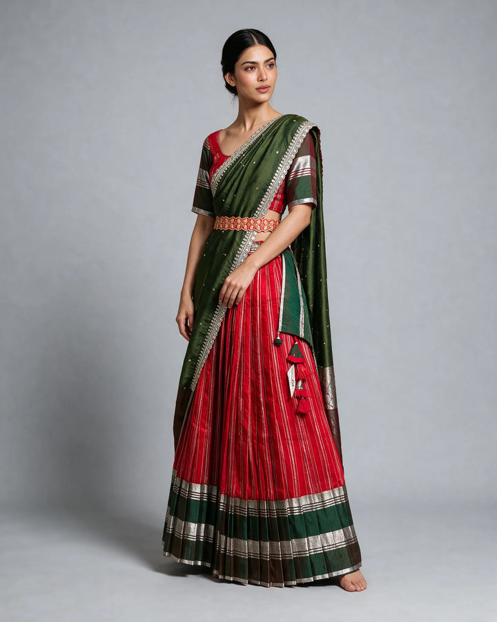 Venkatagiri Red and Green Lehenga Set