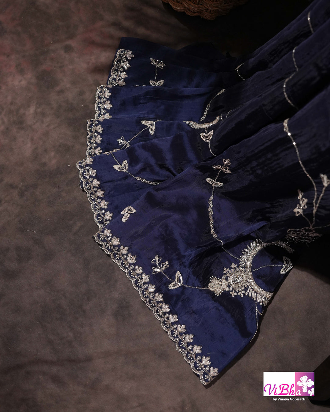 Navy Blue Designer Saree with Silver-Toned Vine and Paisley Embellishments