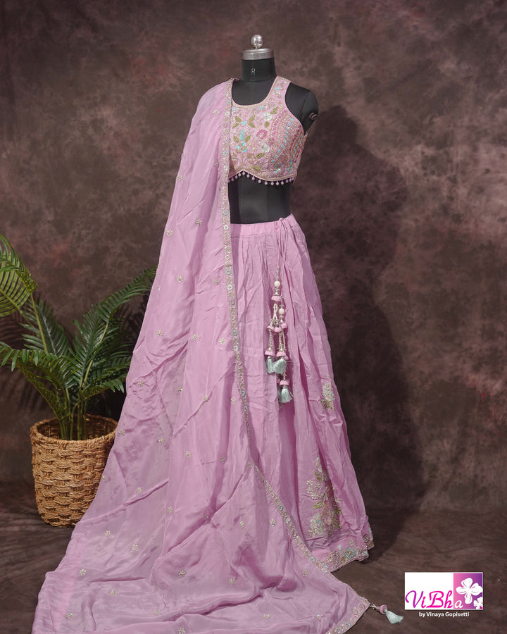 Lavender Pink Floral Embroidered Lehenga Set