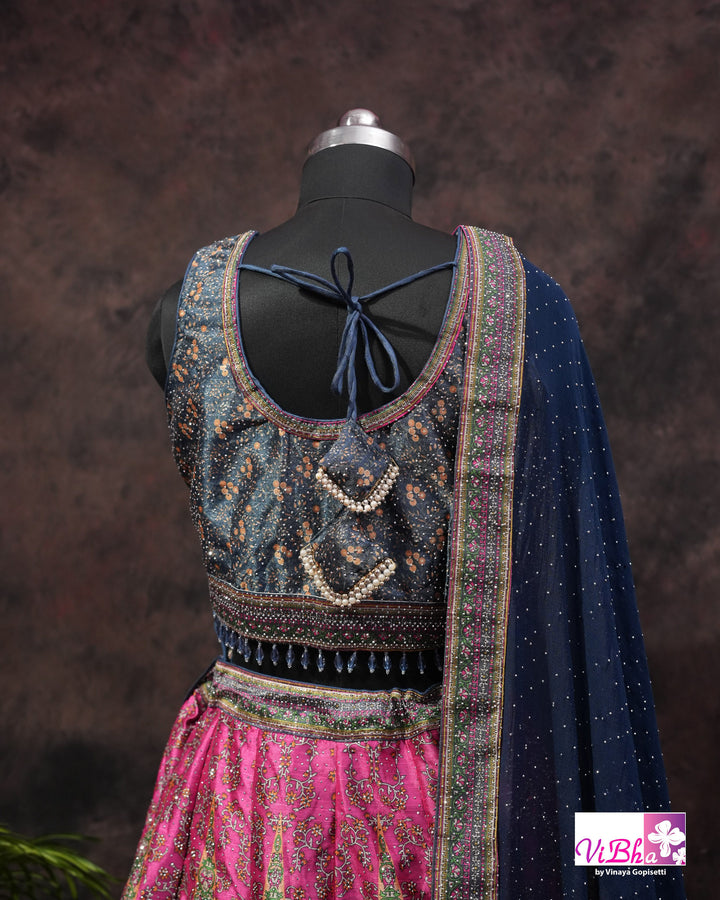 Navy Blue, Rani Pink &amp; Teal Multicolor Mehendi Lehenga Set