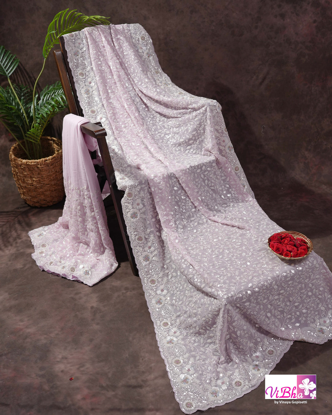 Pale Lilac Designer Saree with All-Over Floral Work and Scalloped Border