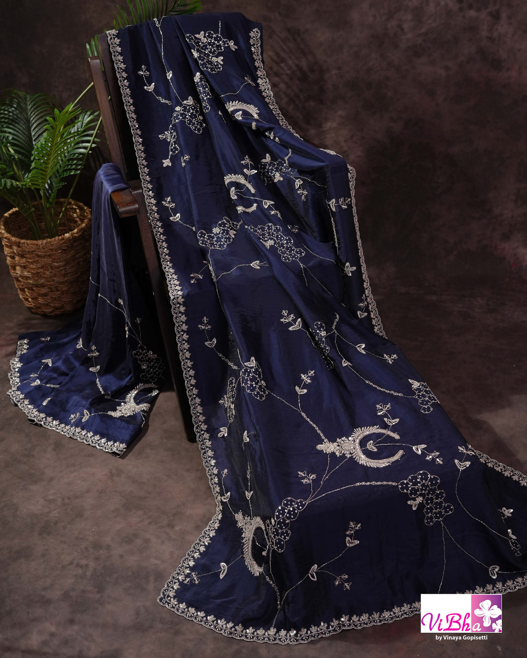 Navy Blue Designer Saree with Silver-Toned Vine and Paisley Embellishments