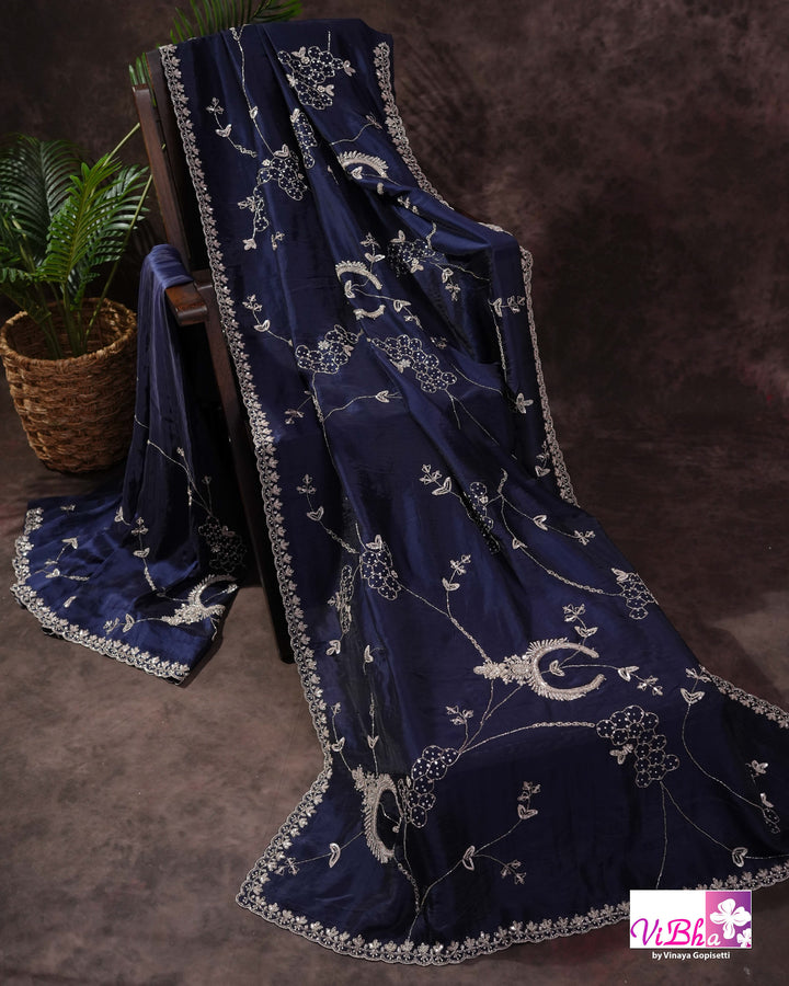 Navy Blue Designer Saree with Silver-Toned Vine and Paisley Embellishments