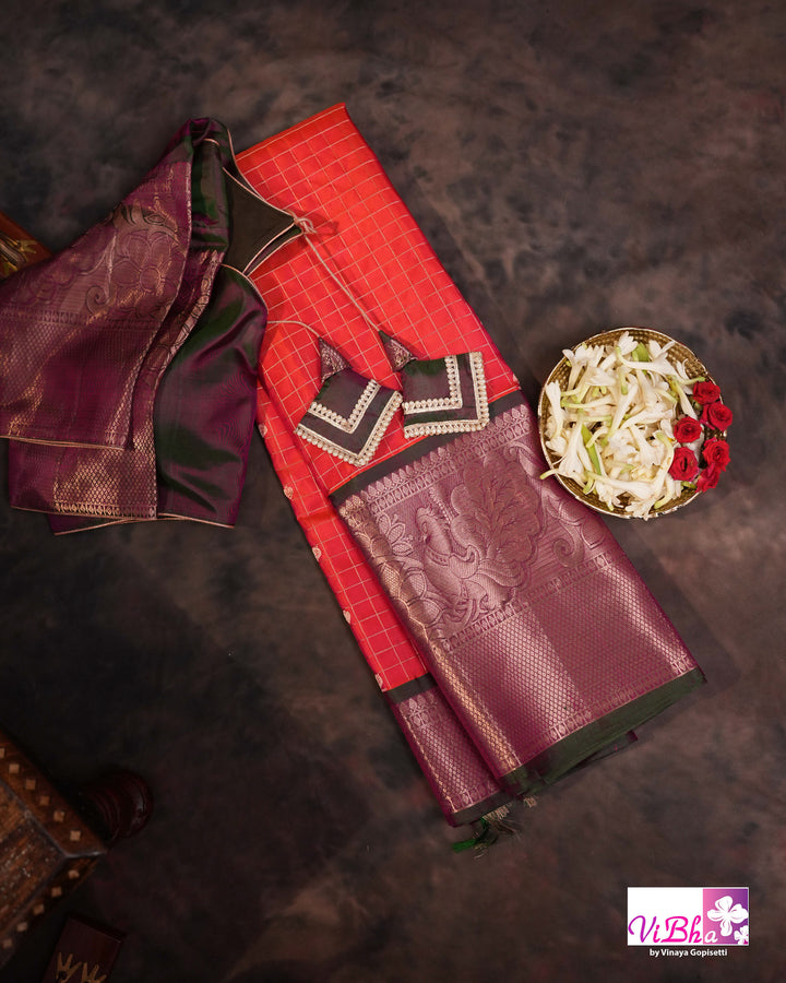 Orange-Red Kanchi Silk Saree with Blouse &amp; Purple Border