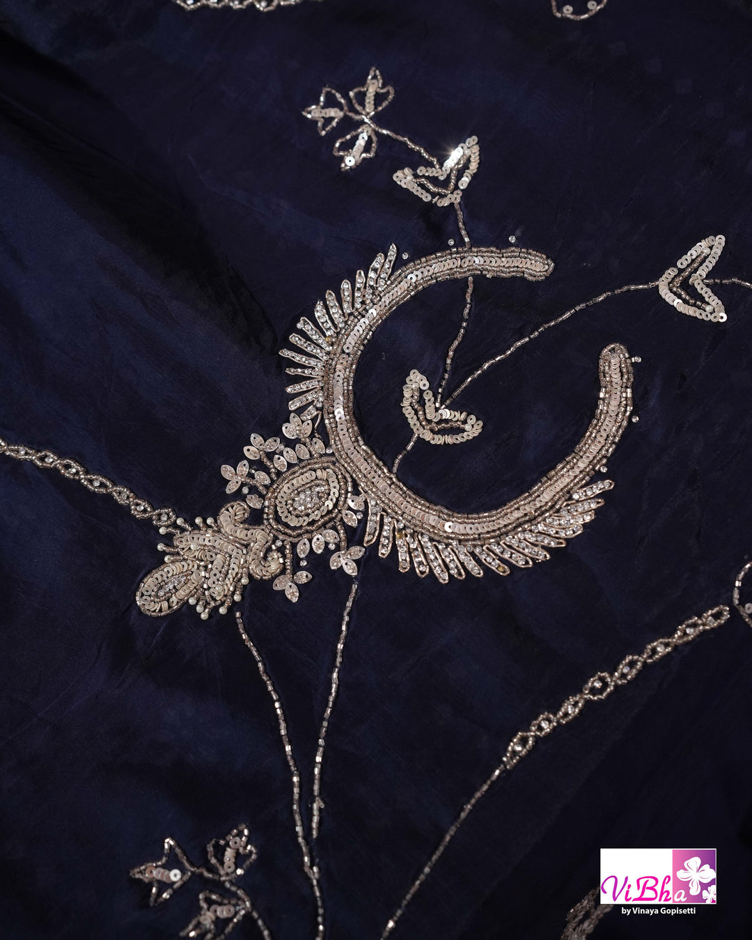 Navy Blue Designer Saree with Silver-Toned Vine and Paisley Embellishments