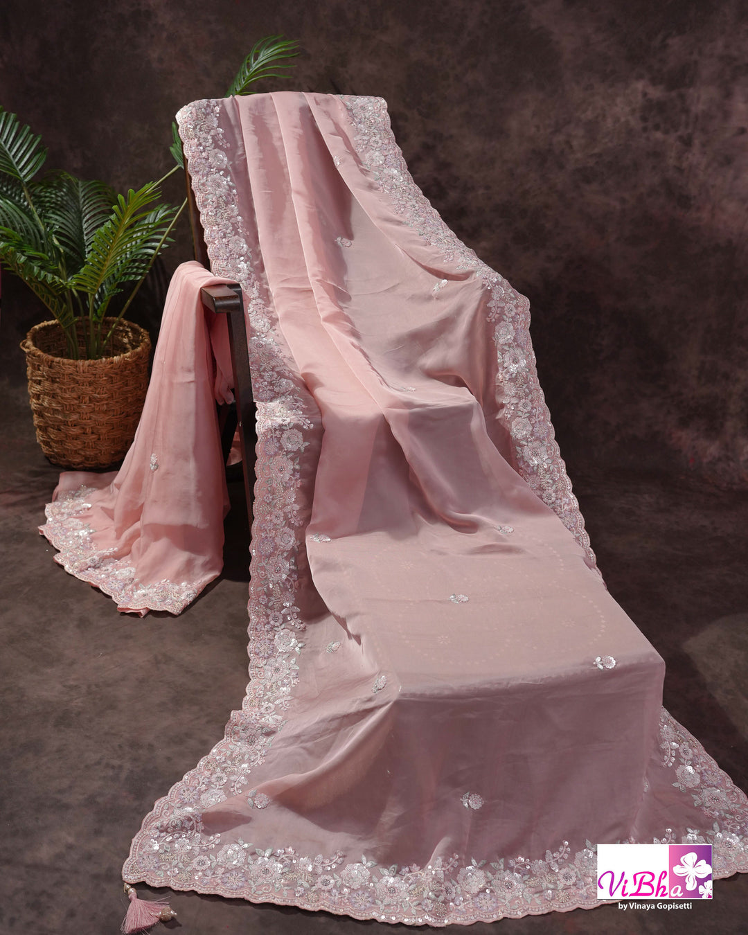 Dusty Rose Designer Saree with Scalloped Floral Embellished Border