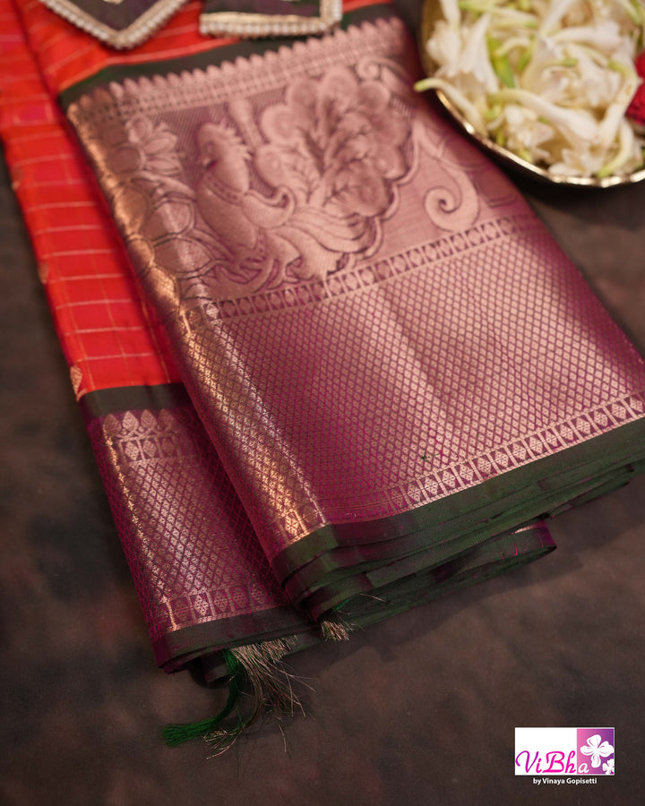 Orange-Red Kanchi Silk Saree with Blouse &amp; Purple Border