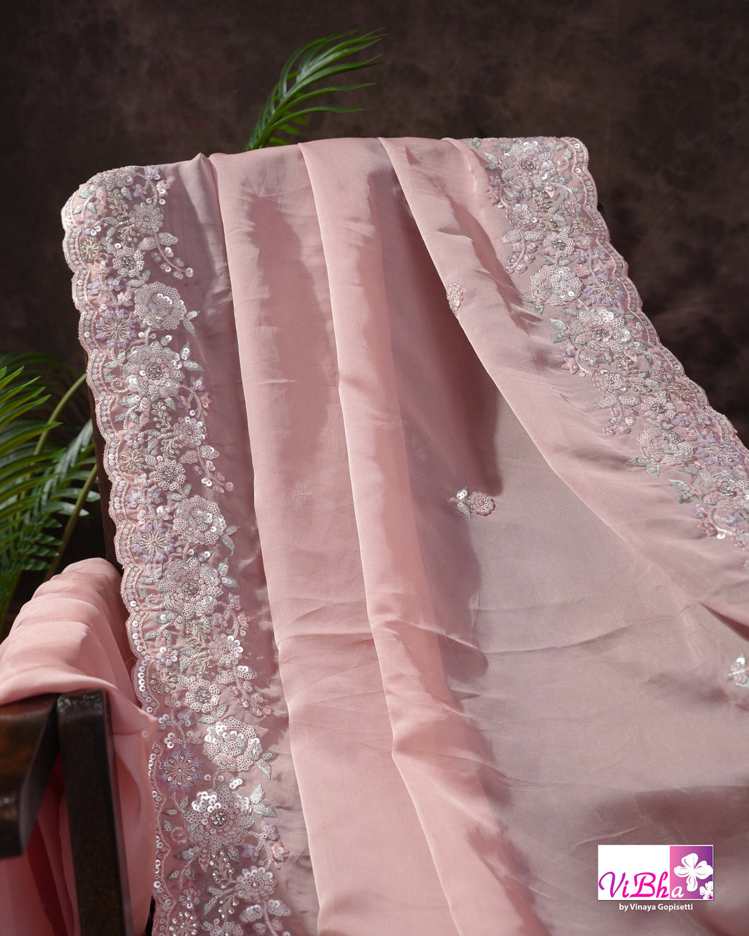 Dusty Rose Designer Saree with Scalloped Floral Embellished Border