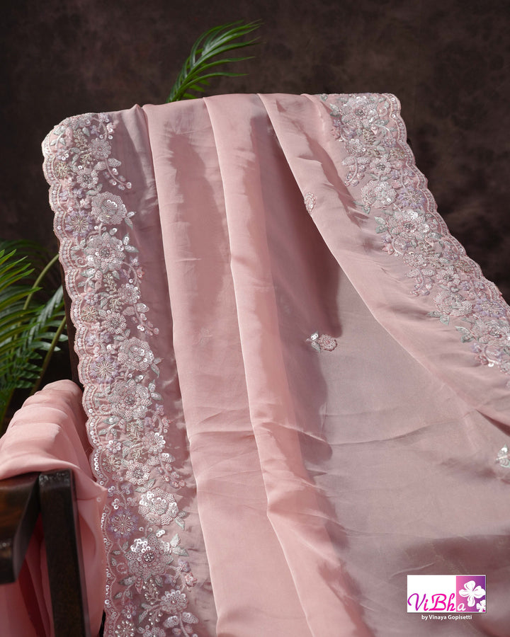 Dusty Rose Designer Saree with Scalloped Floral Embellished Border