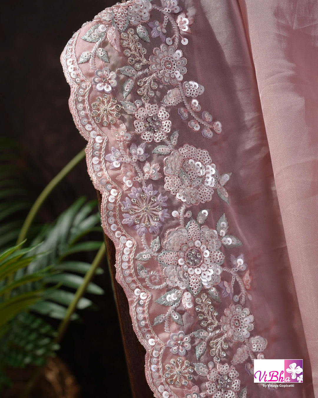 Dusty Rose Designer Saree with Scalloped Floral Embellished Border