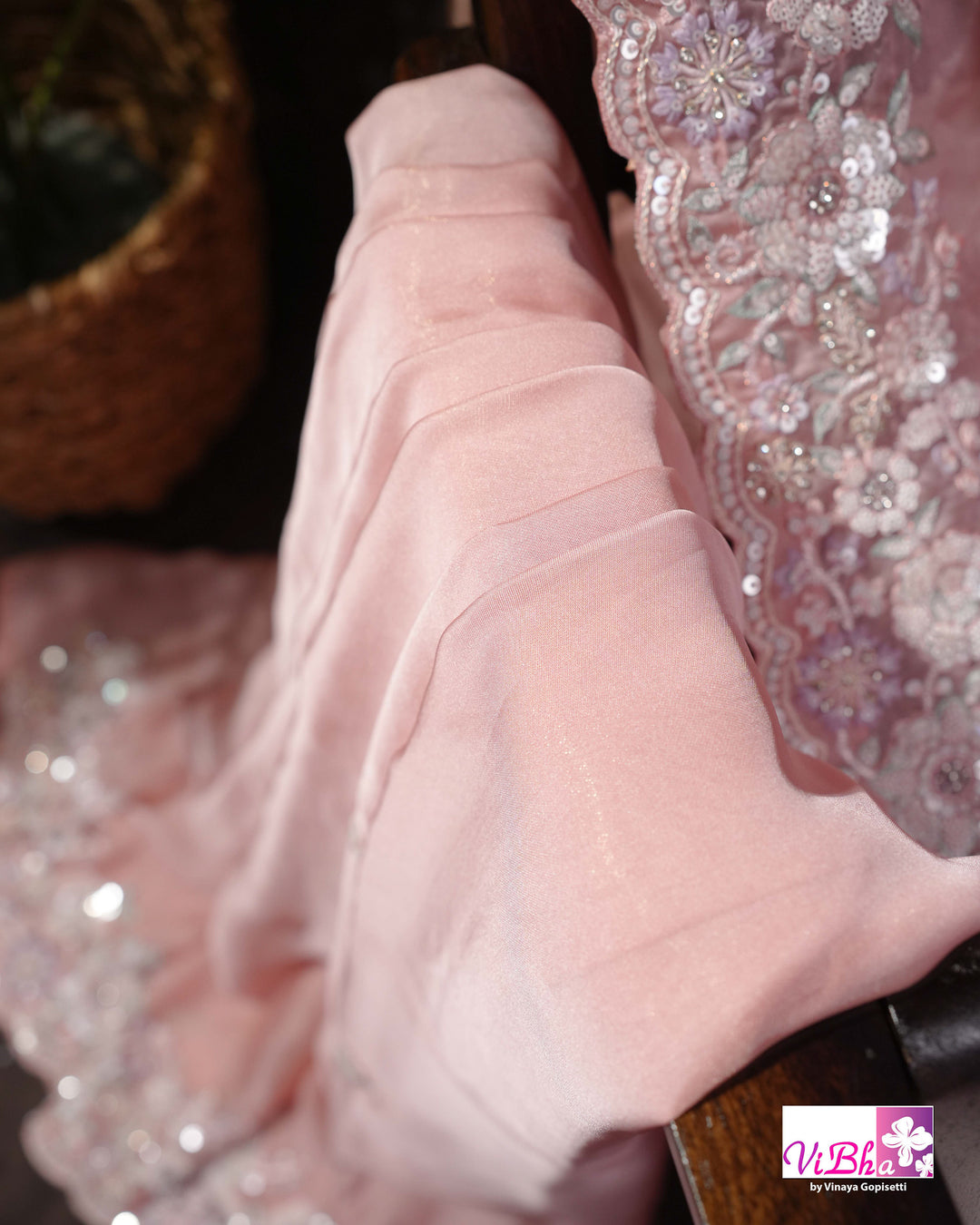 Dusty Rose Designer Saree with Scalloped Floral Embellished Border