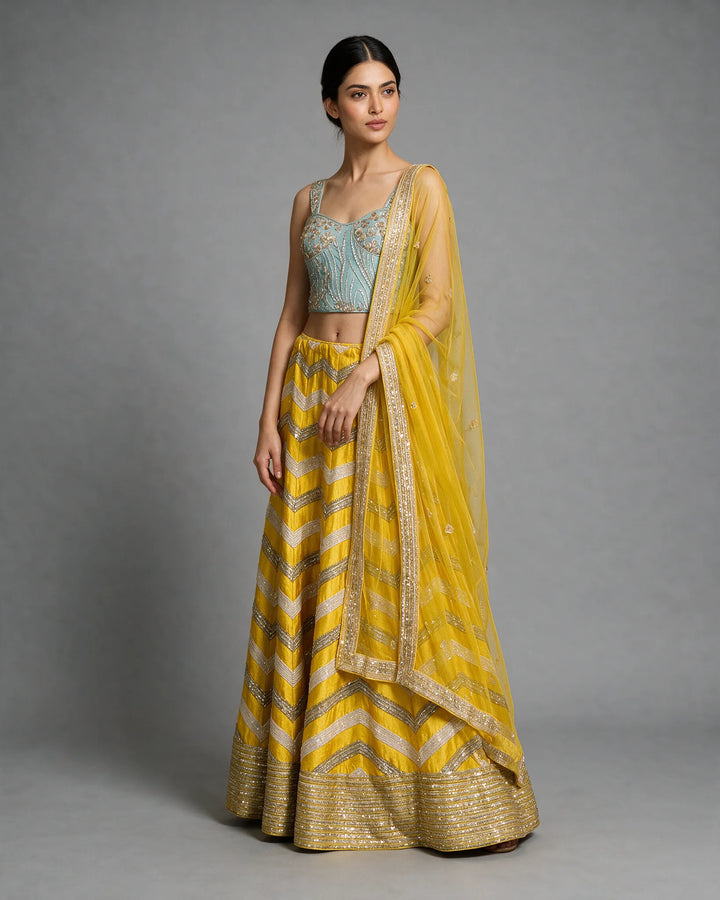 Yellow and Mint Raw-silk embroidered lehenga