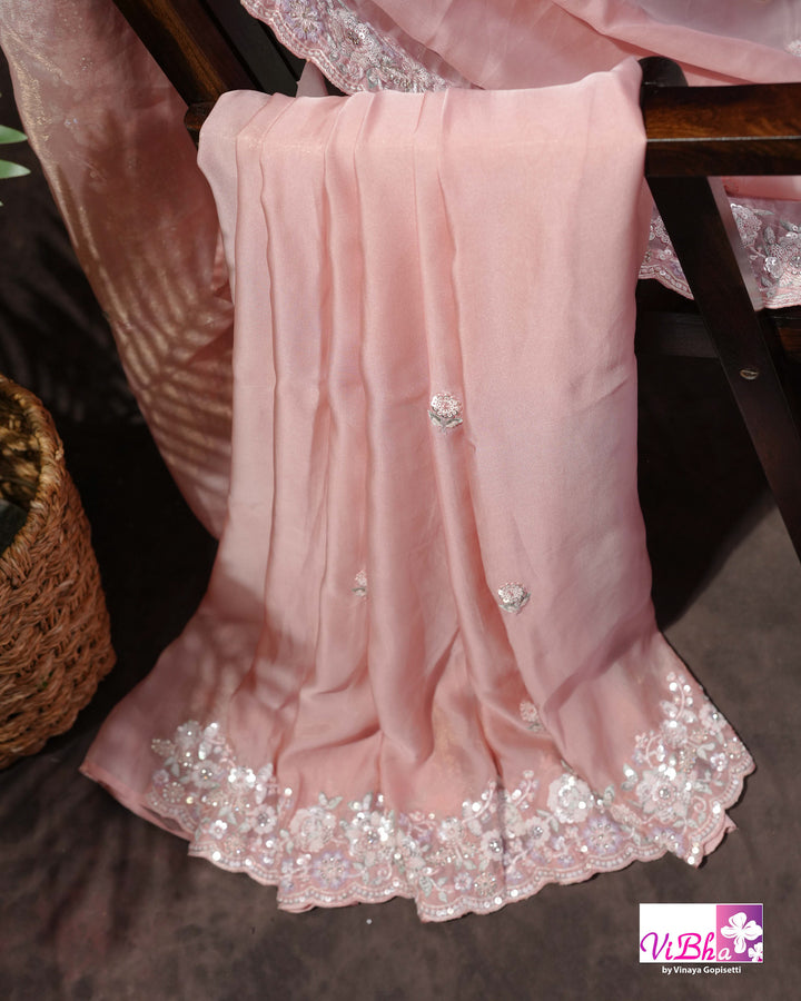 Dusty Rose Designer Saree with Scalloped Floral Embellished Border