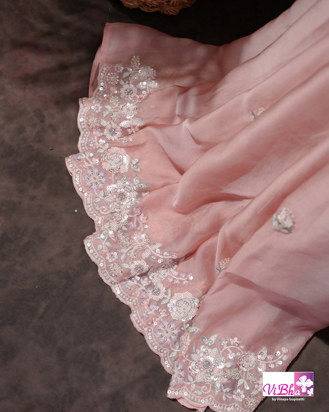 Dusty Rose Designer Saree with Scalloped Floral Embellished Border
