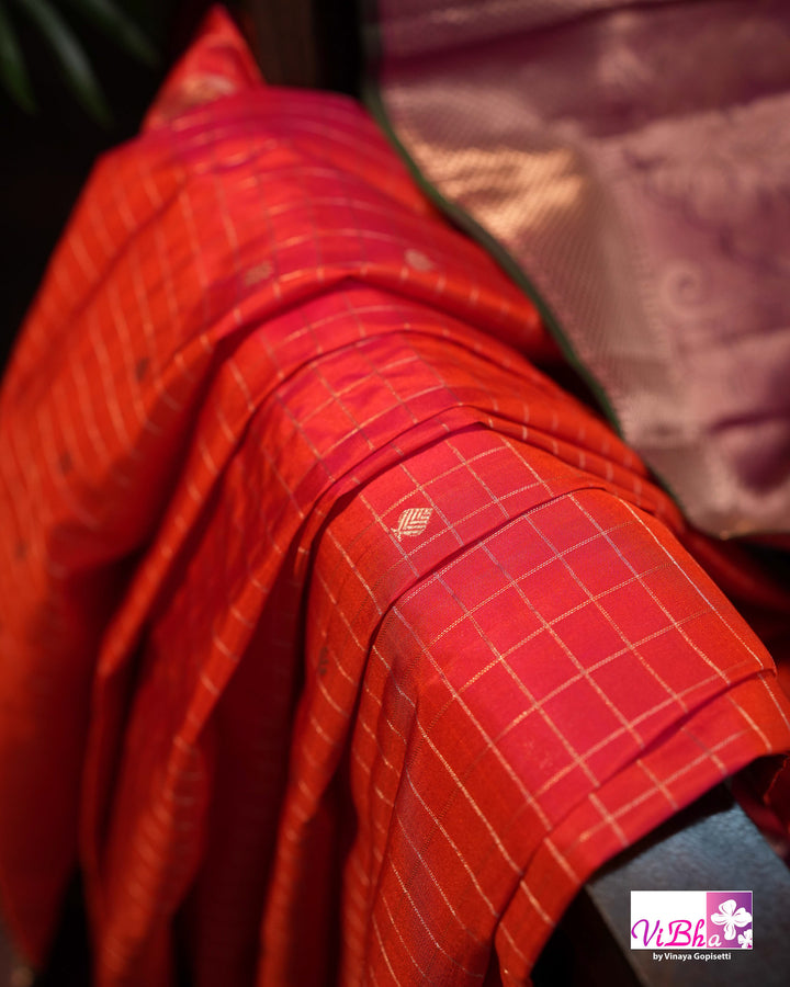 Orange-Red Kanchi Silk Saree with Blouse &amp; Purple Border
