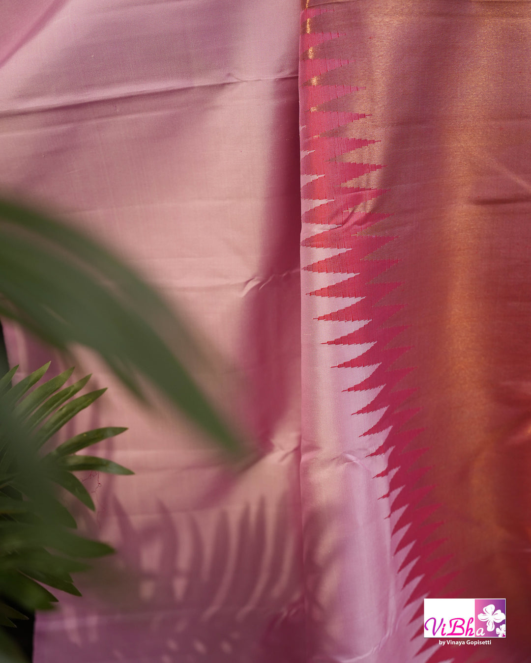 Baby Pink Kanchi Silk Saree with Blouse &amp; Zari Temple Border