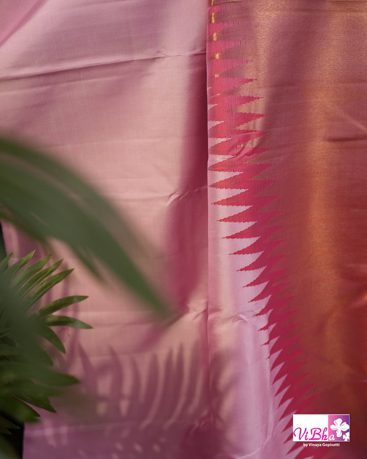 Baby Pink Kanchi Silk Saree with Blouse &amp; Zari Temple Border