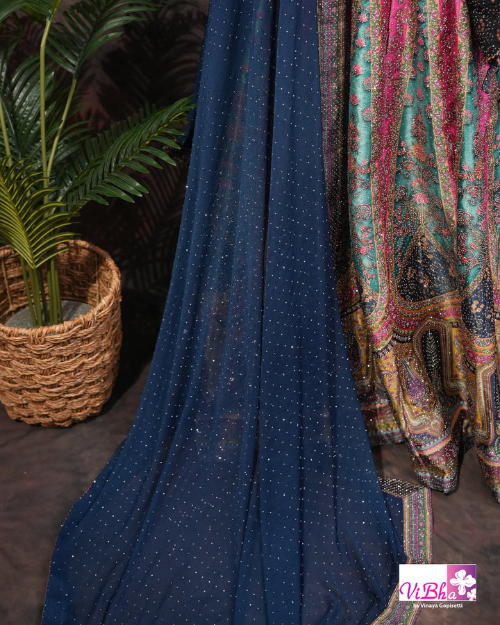 Navy Blue, Rani Pink &amp; Teal Multicolor Mehendi Lehenga Set