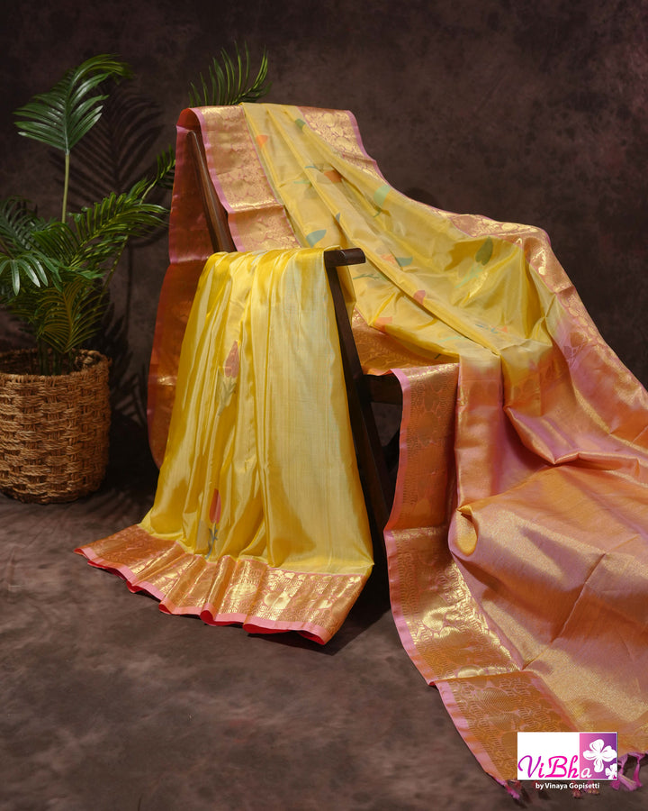 Pastel Yellow And Peach PInk Venkatagiri Silk Saree with Blouse