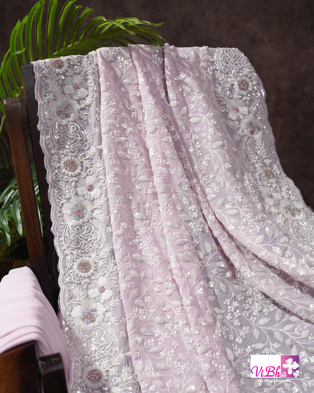 Pale Lilac Designer Saree with All-Over Floral Work and Scalloped Border