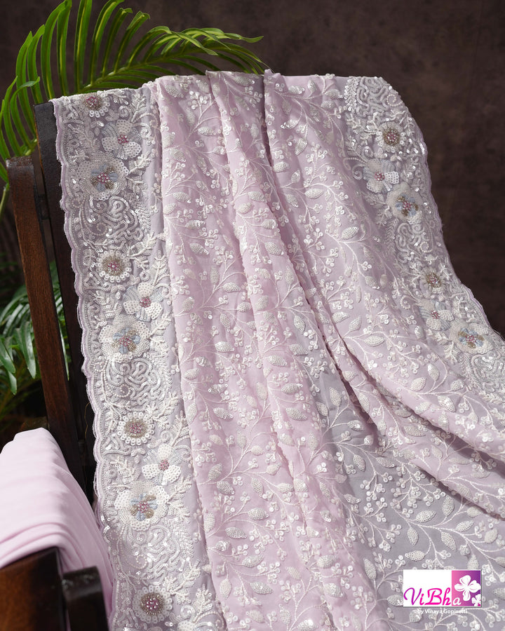 Pale Lilac Designer Saree with All-Over Floral Work and Scalloped Border