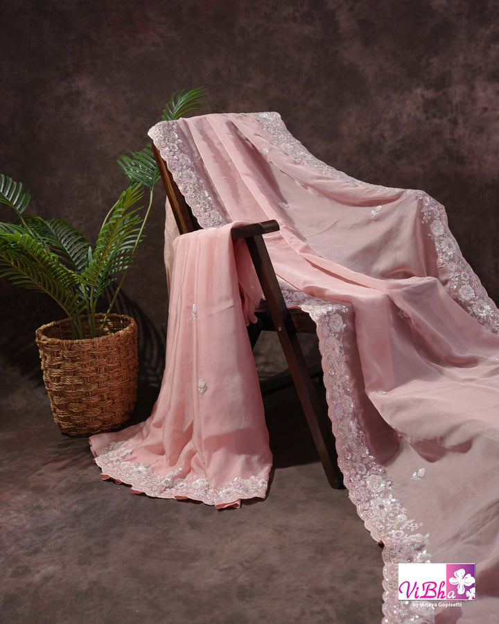 Dusty Rose Designer Saree with Scalloped Floral Embellished Border