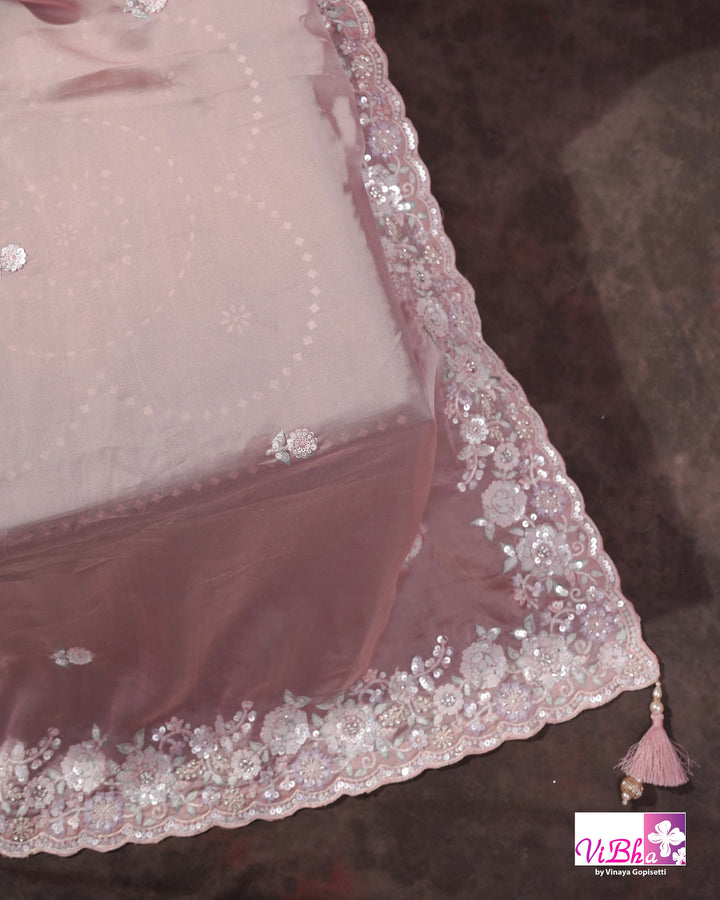 Dusty Rose Designer Saree with Scalloped Floral Embellished Border