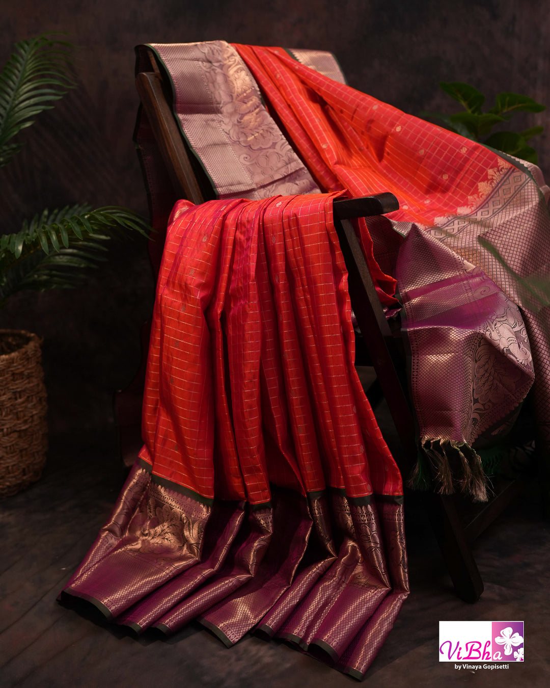 Orange-Red Kanchi Silk Saree with Blouse &amp; Purple Border