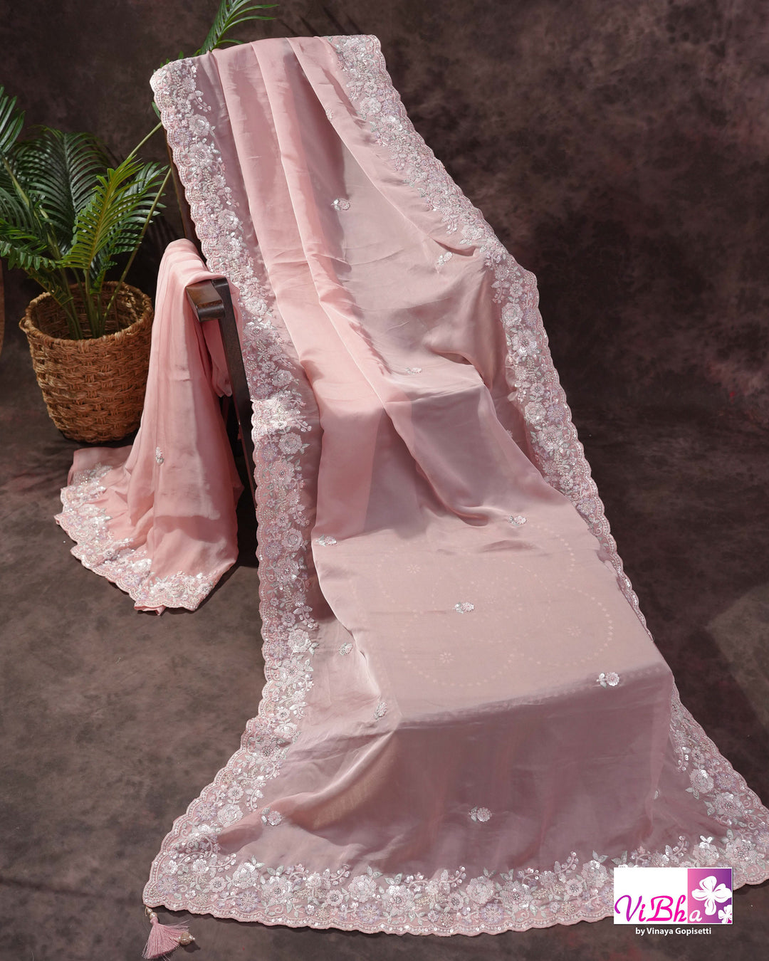 Dusty Rose Designer Saree with Scalloped Floral Embellished Border
