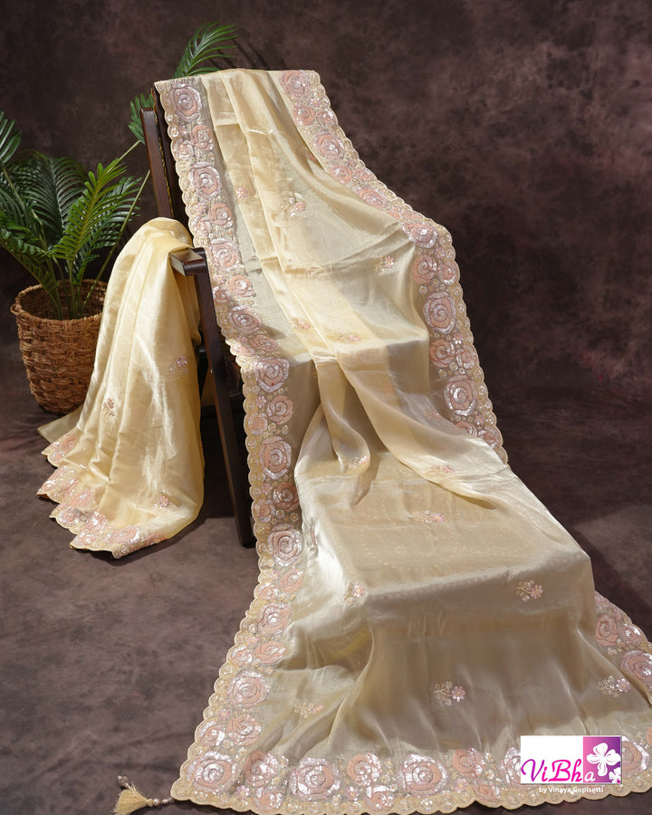 Butter Yellow Designer Saree with Blush Pink Floral Embellishments