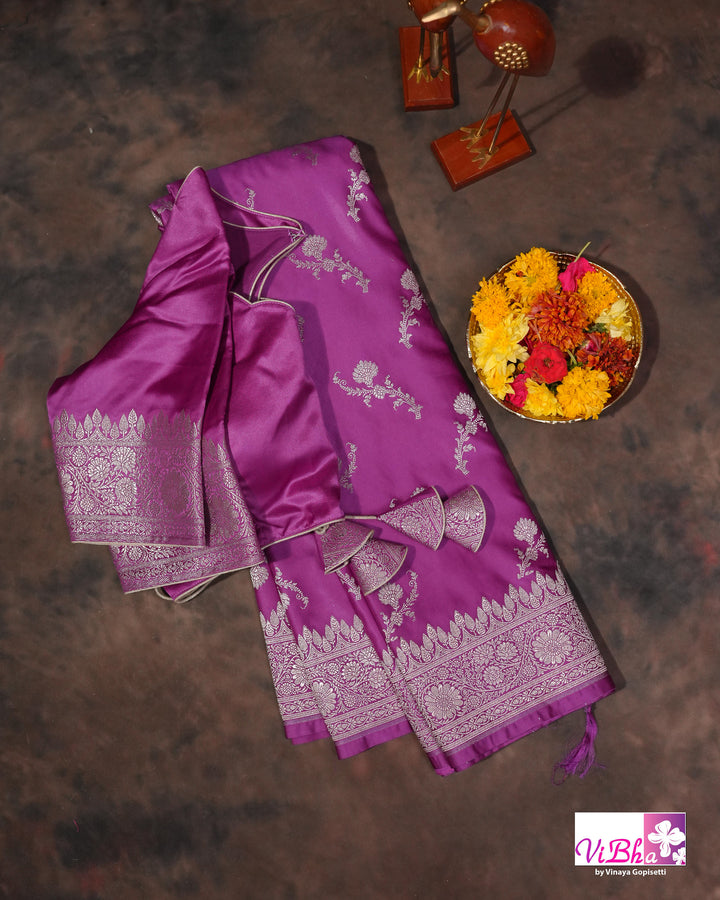 Dark Lilac all over silver zari saree